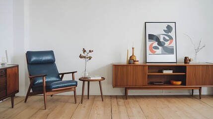 A modern living room with a white wall, a wooden cabinet, a side table, a wooden recliner chair with a blue leather cushion near the cabinet and a side table.