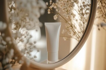 Aufkleber - A tube of cream stands in front of a mirror, beautifully reflecting its shape while delicate white flowers complement the soft ambiance. Generative AI