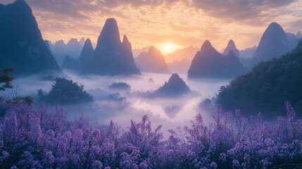 Sticker - A breathtaking sunrise over a misty valley, with lush purple flowers in the foreground and dramatic mountain peaks in the distance.