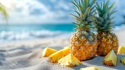 Fresh pineapples and sliced fruit on a tropical beach with turquoise waters and soft sand