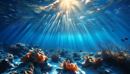 In the blue ocean, sunlight shines through the water surface, forming charming light and shadow. There are corals and marine life on the bottom of the sea, making it a quiet and beautiful scene.