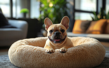 Canvas Print - A happy French Bulldog sits in a plush dog bed, looking directly at the camera.