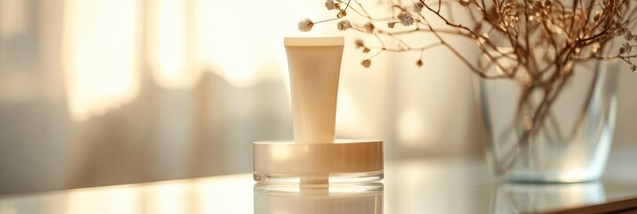 Aufkleber - A tube of cream stands prominently on a table, its reflection visible in the mirror, with a vase of dried flowers nearby. Generative AI