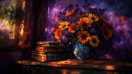 Poster -   A sunflower vase painting with books on a table behind it