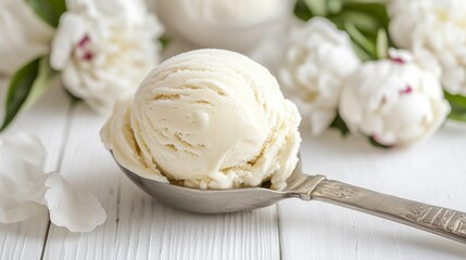 Floral ice cream in scoop, close-up.