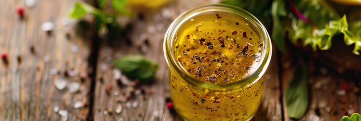 Sticker - Homemade vinaigrette salad dressing made with olive oil, lemon juice, salt, and pepper, featuring selective focus on the dressing.