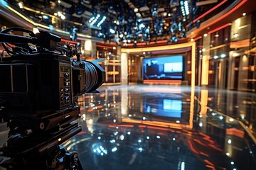 Professional digital cinema camera is standing on a tripod, ready to film a tv show in a studio with many lights. The studio is empty and the floor is shiny