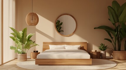 Wall Mural - A tranquil and serene bedroom designed with a beautiful wooden bed, soothing beige tones, and lush green plants, creating the perfect ambiance for crafting a cozy and inviting atmosphere at home