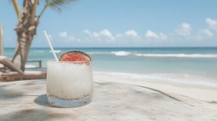   A refreshing drink with a straw, accompanied by a juicy watermelon slice, rests on a table against an idyllic ocean backdrop at the beach