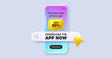 Poster - Save 20 percent off tag. Phone mockup screen. Download the app now. Sale Discount offer price sign. Special offer symbol. Phone download app search bar. Discount text message. Vector