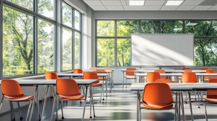 a modern empty classroom with clean desks, bright chairs, and a whiteboard, bathed in natural light streaming through large windows