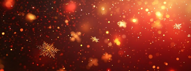 Red background with golden snowflakes, a shiny and festive atmosphere, a large area of red space at the top for text, bright lights, blurred edges, decorative elements, warm tones