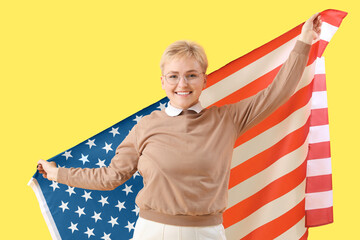 Sticker - Young woman with USA flag on yellow background