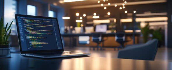 Close-up of a laptop with coding on the screen, set against an office background. Programming work time 