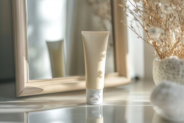 Poster - A tube of cream is positioned in front of a mirror, reflecting the soft glow of light and surrounding dried flowers in a serene setting. Generative AI