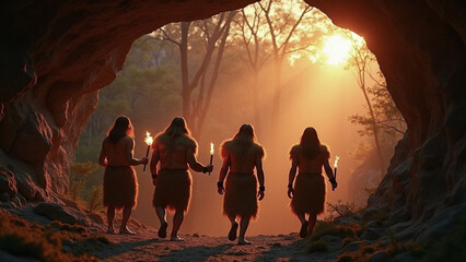 Wall Mural - a primitive tribe of ancient people in animal skins stands by a large fire in a cave. neanderthals. 
