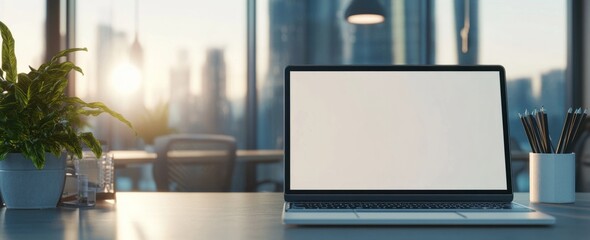 Mockup image of a laptop with white screen on a wooden desk in a modern office interior 