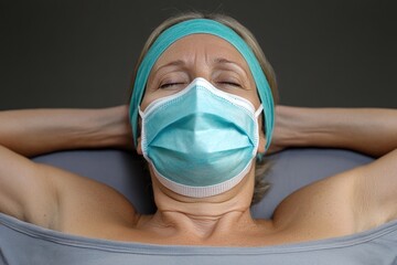 Relaxed senior woman resting with face mask and headband