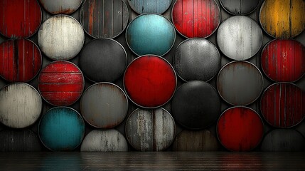   Red-white-blue wall with rounded metal objects, wooden floor ahead