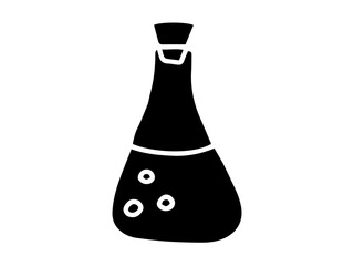 Black silhouette of chemistry flask with bubbles isolated on white background. Concept of laboratory equipment, science education, chemical experiment, minimalist design. Icon, school, study element.