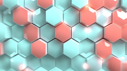 Abstract tech background with luxurious digital wallpaper in coral and aqua glowing hexagons.