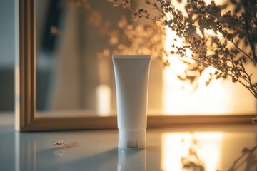 Poster - A tube of cream is elegantly reflected in a mirror, with gentle lighting enhancing the serene atmosphere of the setup. Generative AI