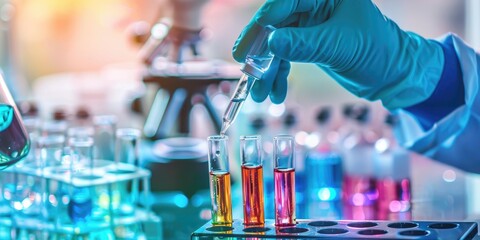 Wall Mural - scientist hands using dropper in test tube for chemical research with liquid and vaccine in containe