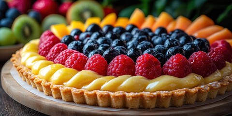 Fruit Tart with Custard, Raspberries, Blueberries, and Apricots