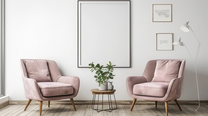 Minimalist Living Room with Two Pink Armchairs and a Plant