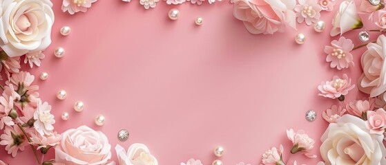 Wall Mural - Pastel pink and white roses and pearls on a light pink background