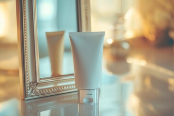 Poster - A tube of cream stands on a vanity, its reflection visible in a nearby mirror under gentle morning light. Generative AI