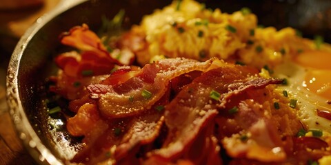 Wall Mural - Close up of delicious crispy bacon slices and scrambled eggs with a shallow depth of field