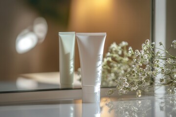 Poster - A tube of cream stands on a vanity, its reflection visible in the mirror, with soft light highlighting nearby flowers. Generative AI
