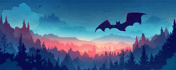 Wall Mural - Bat flying in the night sky. Vector flat isolated.