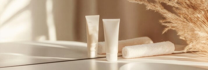 Poster - A tube of cream is positioned on a counter, reflecting in a mirror, bathed in soft afternoon sunlight, creating a calming atmosphere. Generative AI
