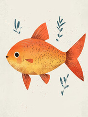 Cute illustrated goldfish swimming in a whimsical underwater setting.