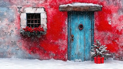 Wall Mural -   Red-blue building with blue door and windows, Christmas tree in front