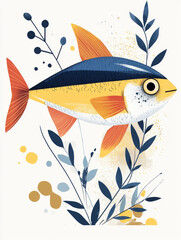 A colorful illustration of a fish swimming among stylized, floral elements.