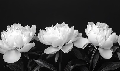 Sticker - Three White Peonies with Black and White Foliage on a Dark Background