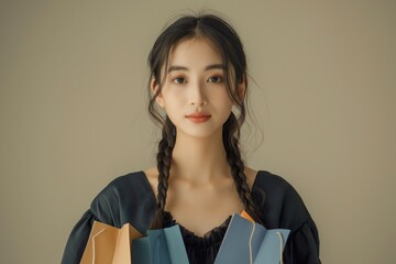 A stylish Asian woman with two side braids stands in a serene studio, holding vibrant shopping bags close to her.