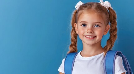 A little girl with a backpack smiling at the camera, AI