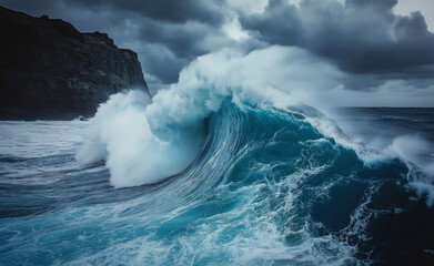 Uma grande demonstração da ferocidade da natureza quando uma enorme onda do oceano quebra poderosamente contra uma costa rochosa em meio a nuvens escuras e sombrias, destacando a energia bruta do mar