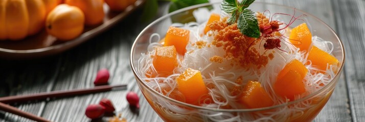 Chilled Sweet Vermicelli Dessert in Coconut Milk with Boiled Pumpkin, Sweet Water Chestnuts, and Nipa Palm Fruit in a Glass Bowl