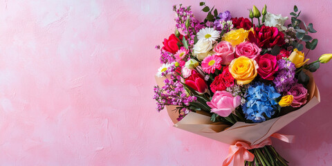 A vibrant bouquet of flowers in shades of pink, red, yellow, and blue.