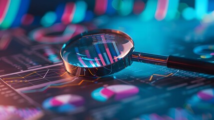 Data analysis for search engine optimization magnifier, charts, graphs. ultraviolet and neon screen.