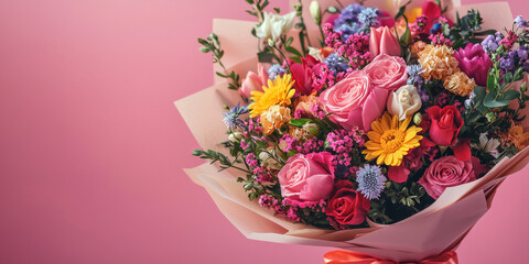 A vibrant bouquet of flowers in pink wrapping paper, perfect for a special occasion.