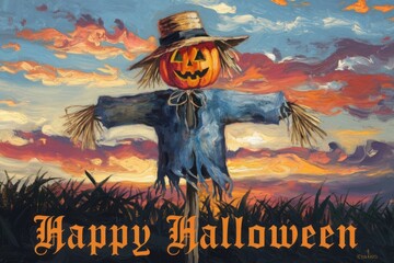 Wall Mural - Vector illustration of Halloween pumpkin scarecrow on a wide field with the moon on a scary night
