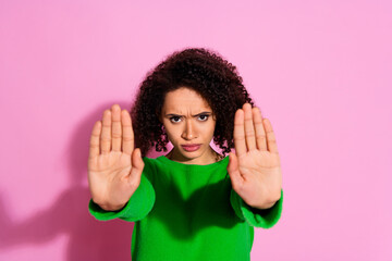 Poster - Photo of nice lovely confident woman wear green stylish clothes isolated on pink color background