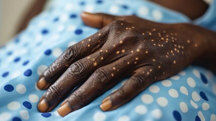 A detailed view of an African American patient's hand showing mpox lesions on a hospital bed, indicating monkeypox symptoms and associated medical treatment.