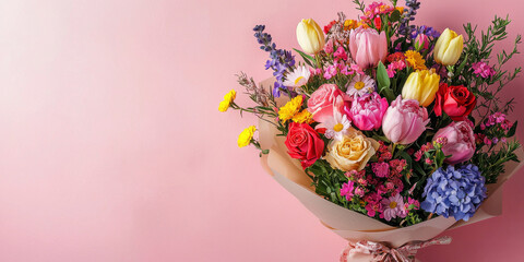 A vibrant bouquet of tulips, peonies, roses, and hydrangeas in shades of pink, yellow, and red against a soft pink background.